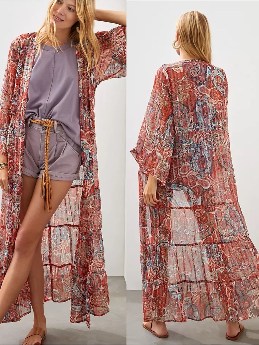 Anthropologie Paisley Tiered Kimono Long Duster Red Orange Blue Boho Sheer